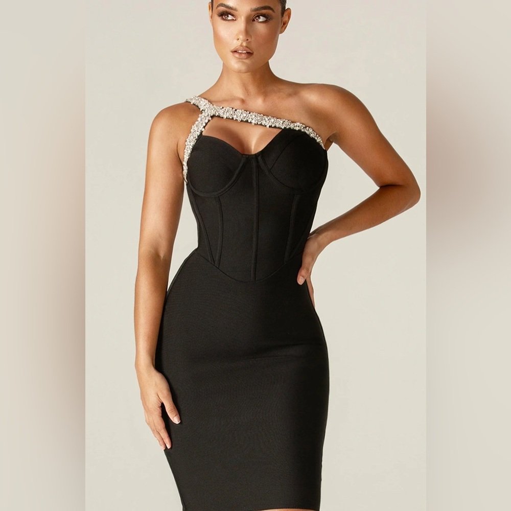 One-Shoulder Black Embellished Strap Bodycon Dress
